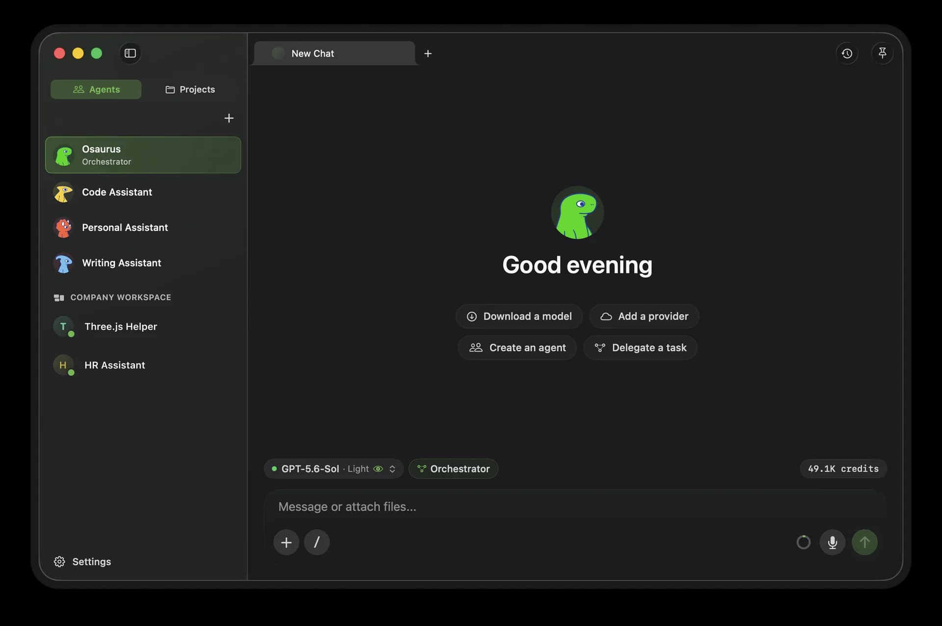 The Osaurus app on Mac, showing its agents sidebar and new chat screen in dark mode.
