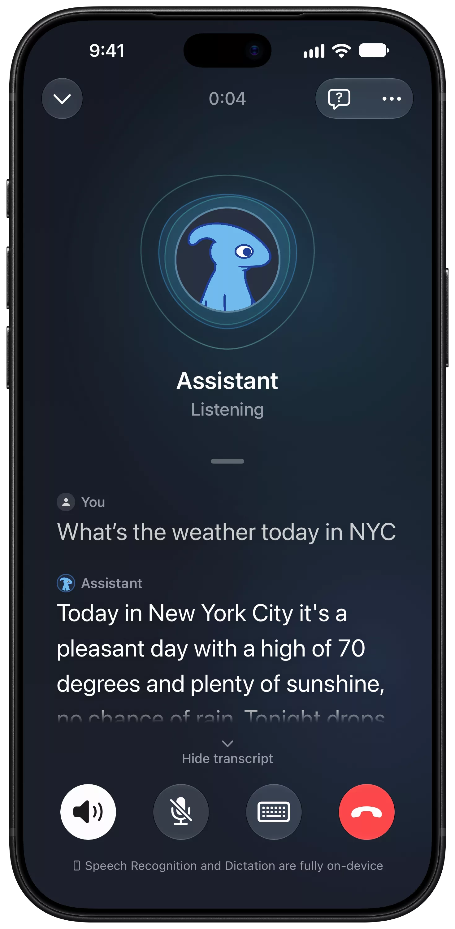 A voice call with an agent on iPhone, with a live transcript of a question about the weather in New York and its answer.