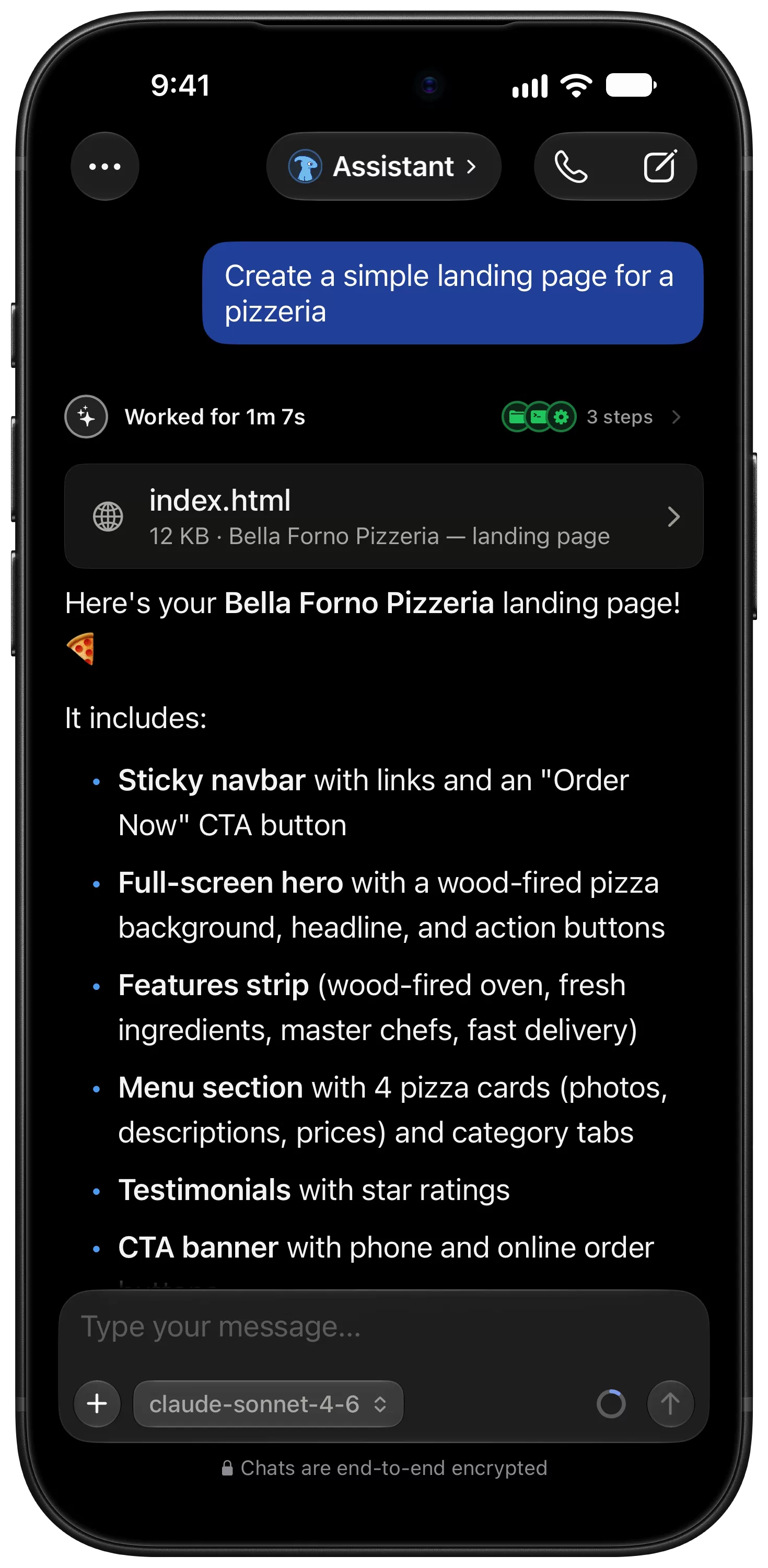 An agent on iPhone that built a pizzeria landing page, showing the steps it took and the index.html file it made.