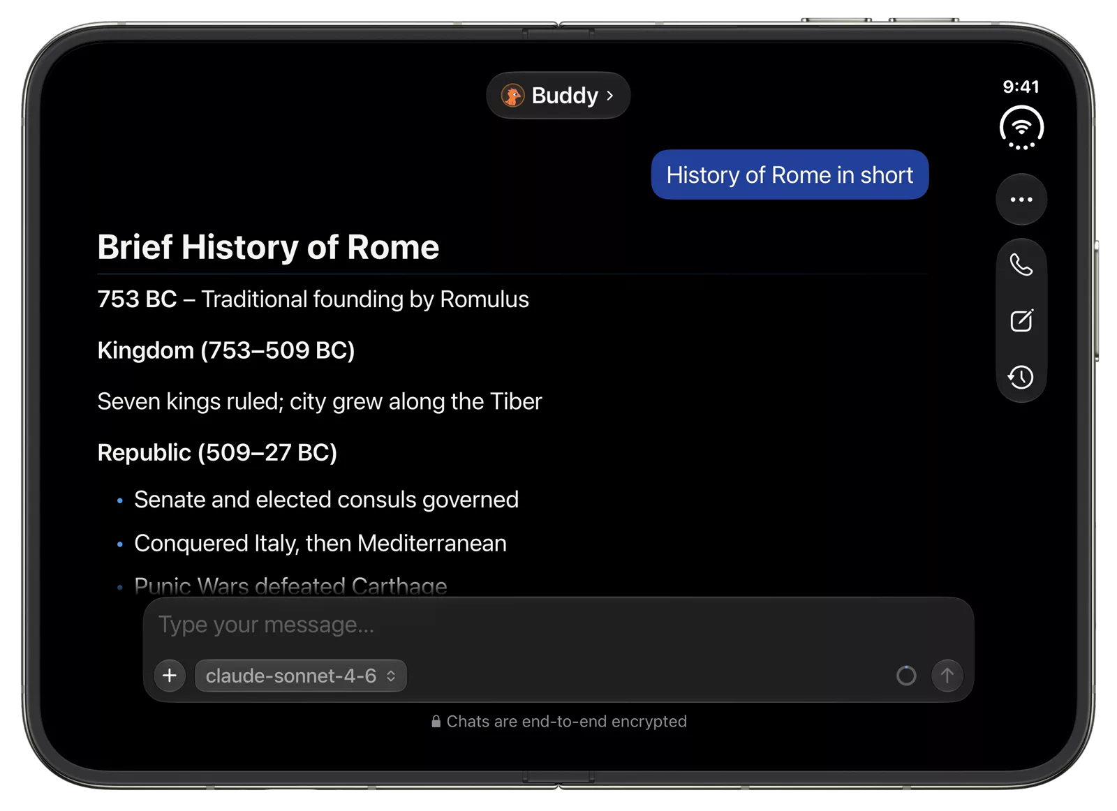 Osaurus on an unfolded iPhone Duo, with a chat about the history of Rome and its buttons in a side bar on the right.