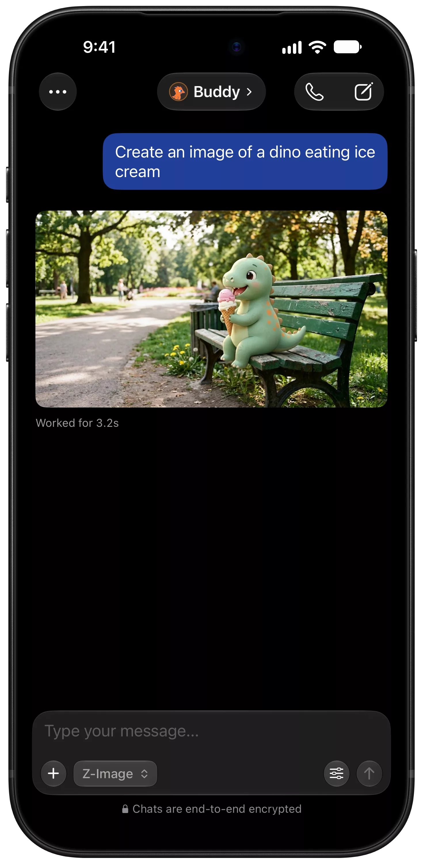 An image made on the Mac with Z-Image, shown on iPhone: a toy dinosaur eating ice cream on a park bench.