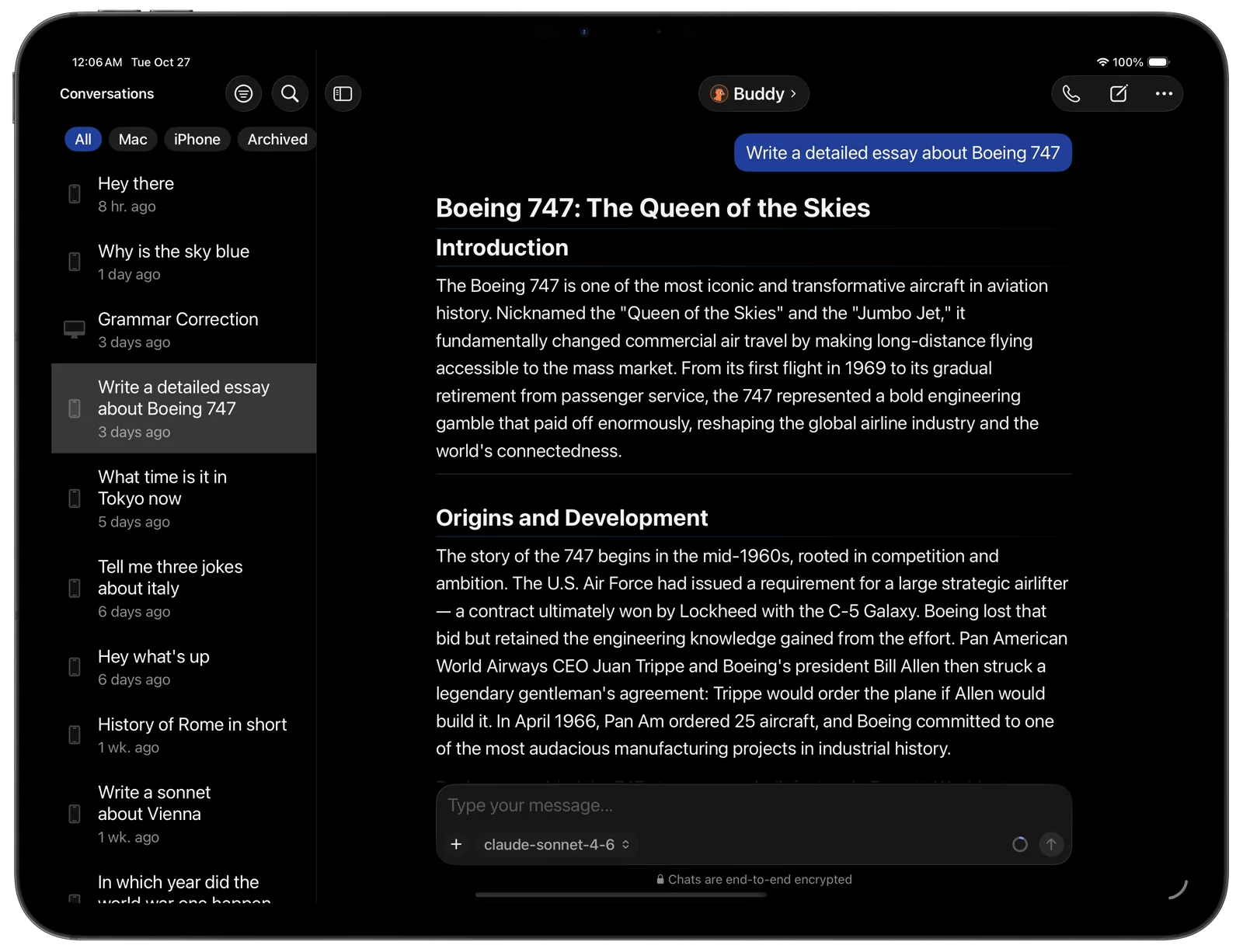 Osaurus on iPad, with the conversations sidebar beside an agent's essay about the Boeing 747.