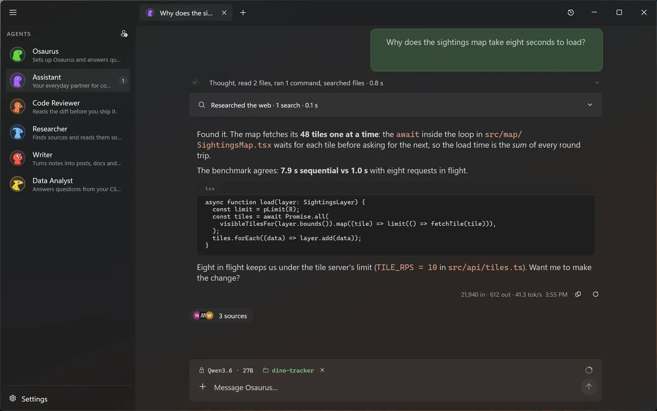 An Osaurus agent on Windows answering a question about slow map loading, showing the files it read, the command it ran, a web search and a code fix.