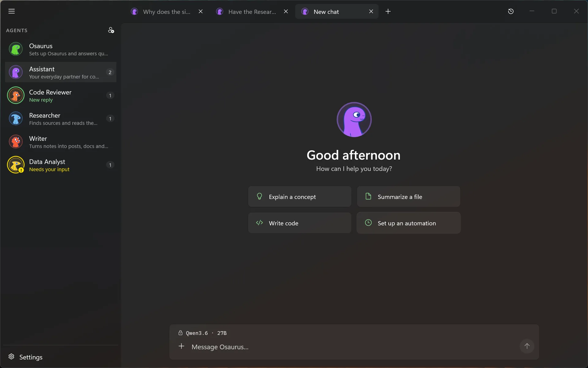 Osaurus for Windows beta running an open-source AI model on a PC, showing the agents sidebar and a new chat.
