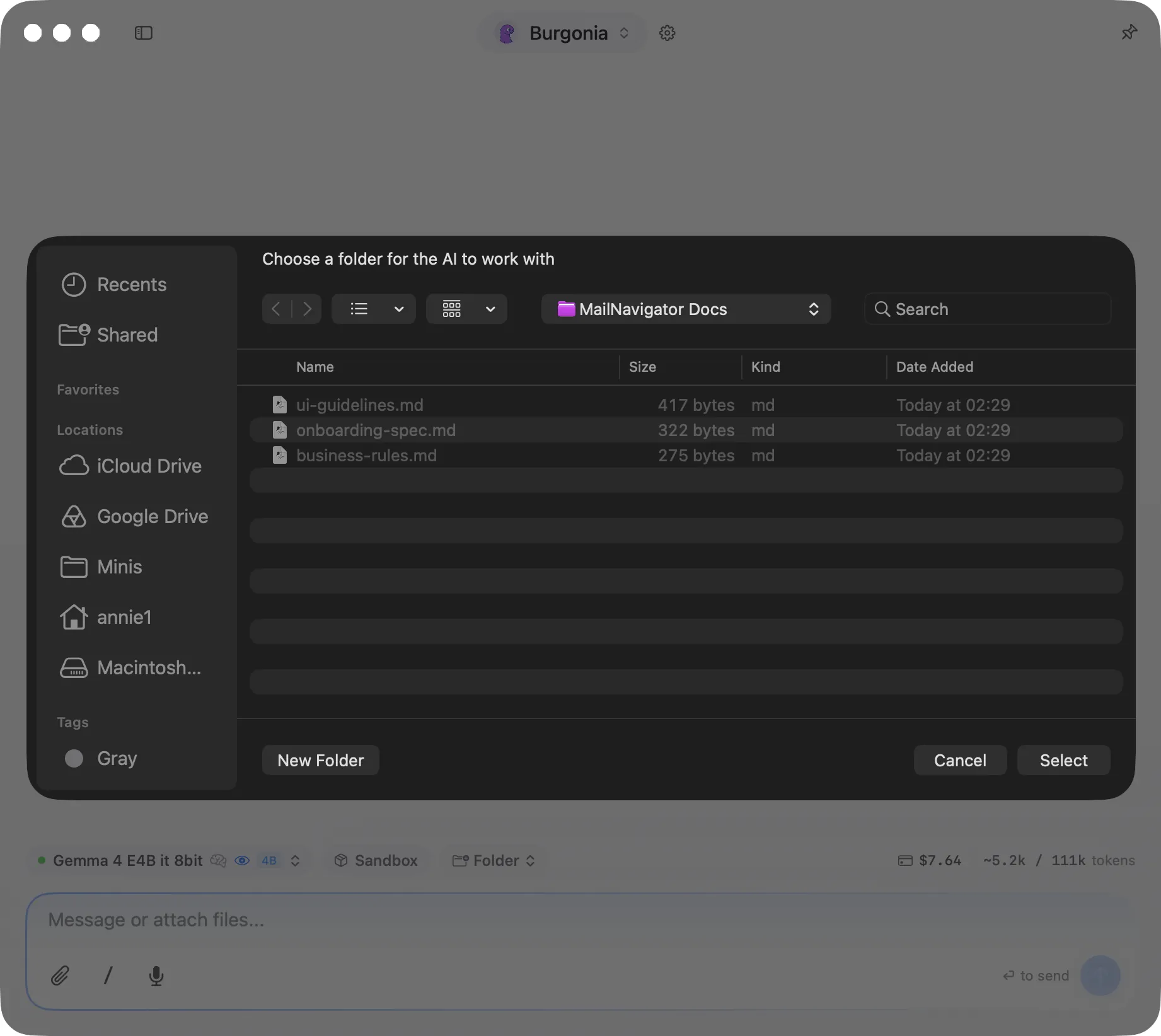 The Osaurus folder picker, choosing a working folder for the AI