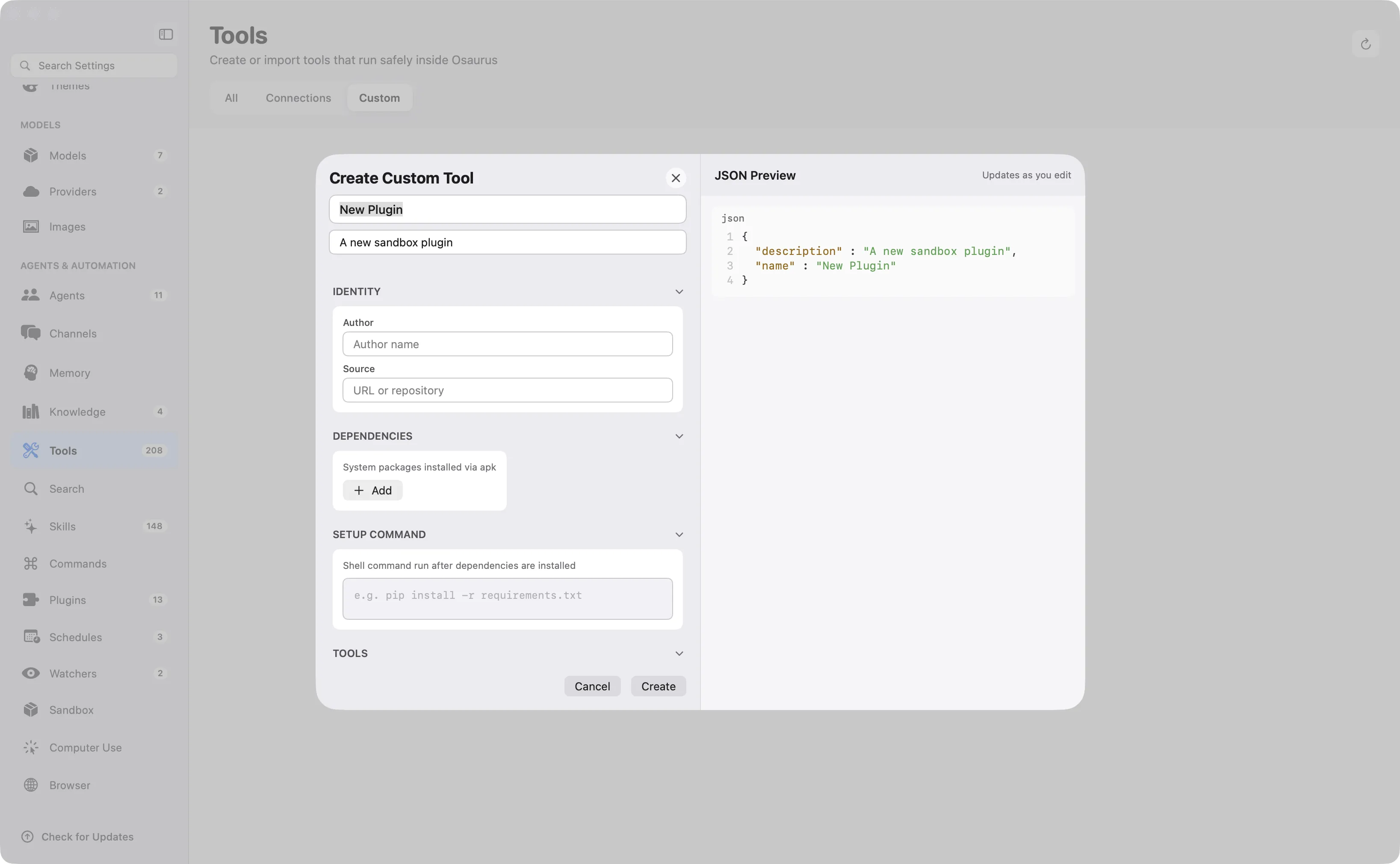 The Create Custom Tool editor in Osaurus with a live JSON preview