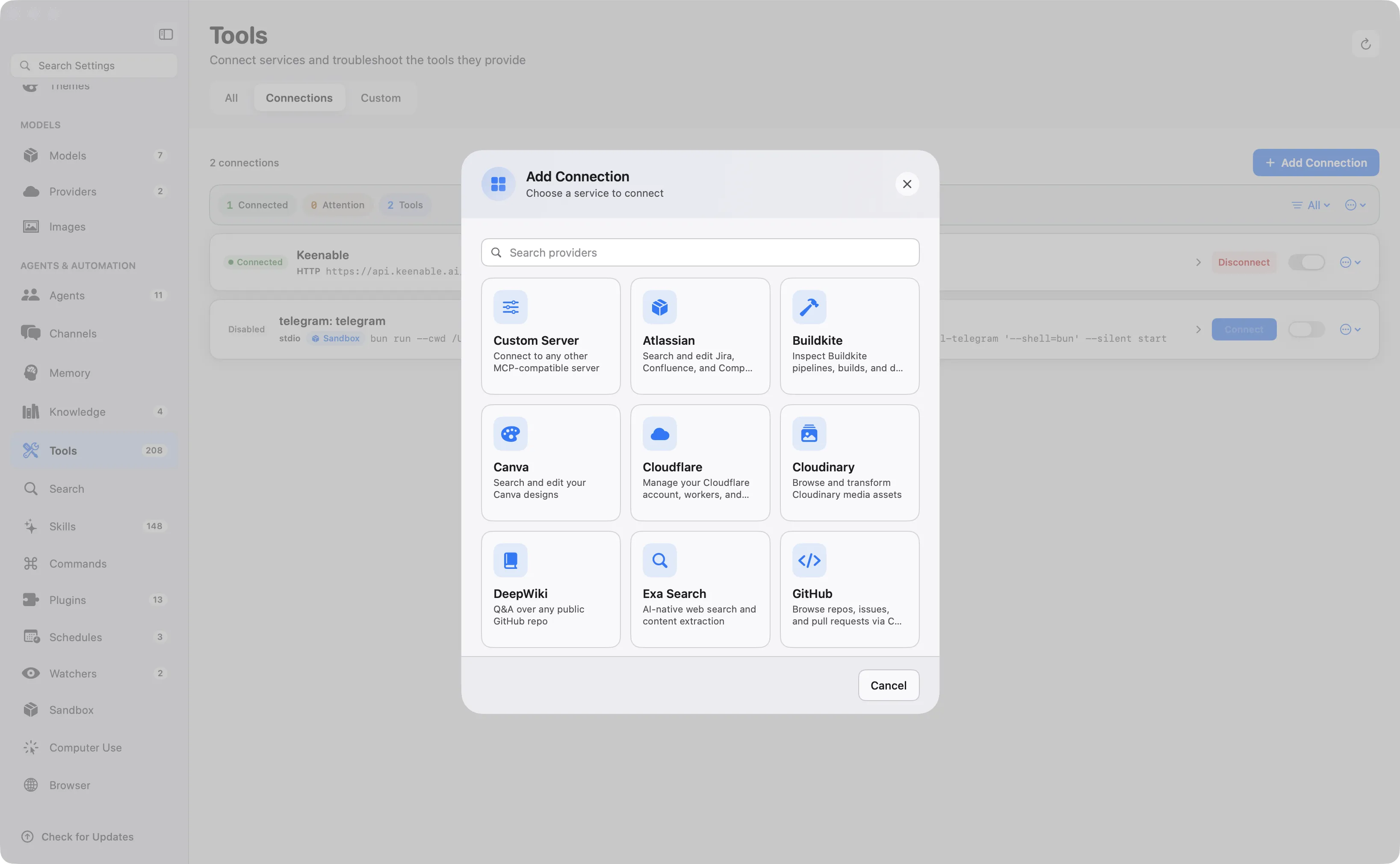 The Add Connection gallery in Osaurus showing MCP service providers including GitHub, Canva and Exa Search