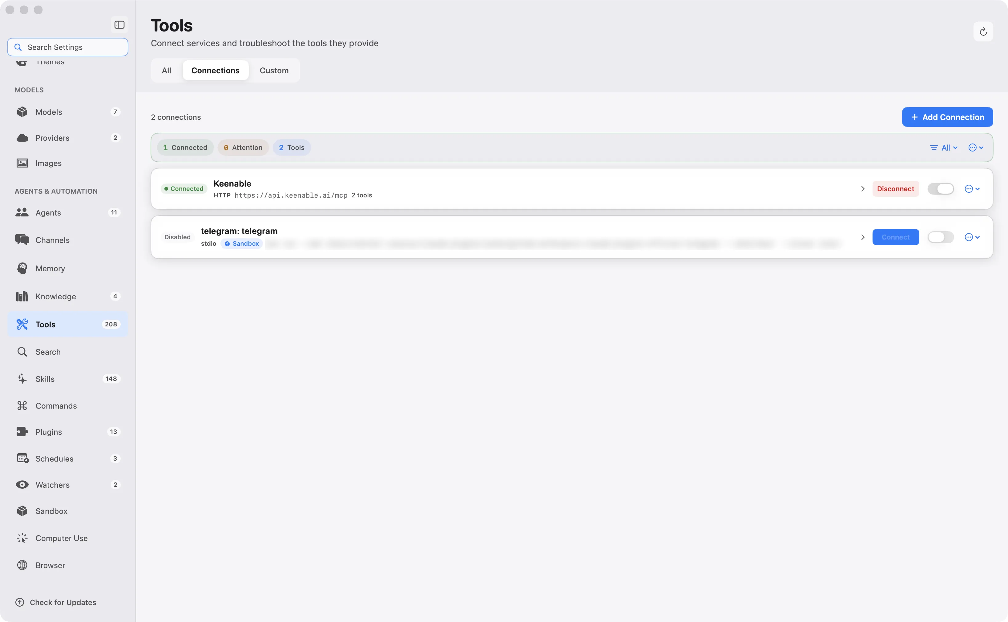 Osaurus Settings, Tools, Connections tab showing connected MCP servers